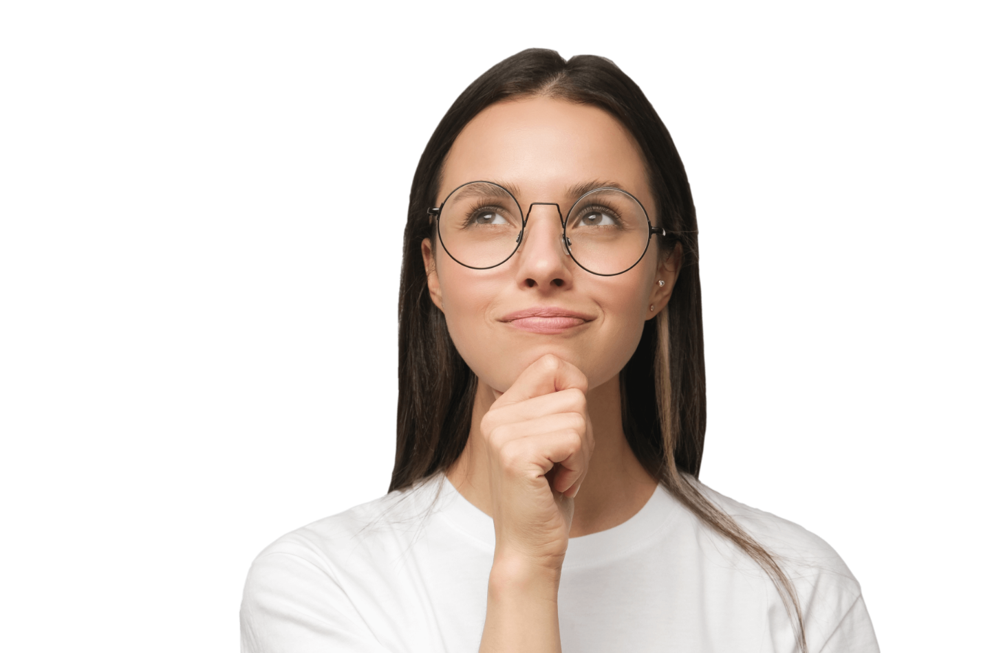 Girl looking into the sky, with her fist on her chin, thinking if she should contact THINK