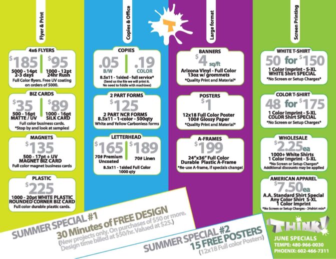 June Specials for printing, screen printing, banners and copies