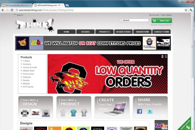 Screen shot of Think! Screen Printing Website